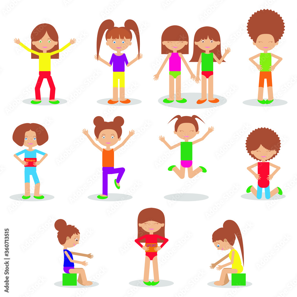 Set of happy cartoon girls with different hairstyles. Isolated children athletes in different poses. Editable characters prepared for animation. Children's sport. Fitness at home.