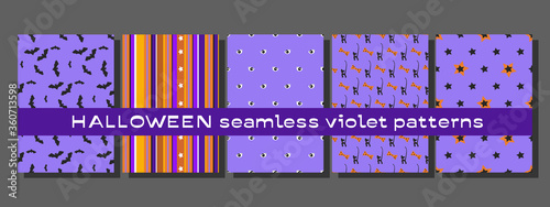 Set of five Halloween seamless purple patterns, vector illustration