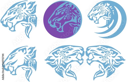 Flaming blue snow leopard symbols. Beautiful snow leopard heads  also snow leopard head in a circle on a white background for tattoo  sport emblems  labels  prints on t-shirts  embroidery  etc. 