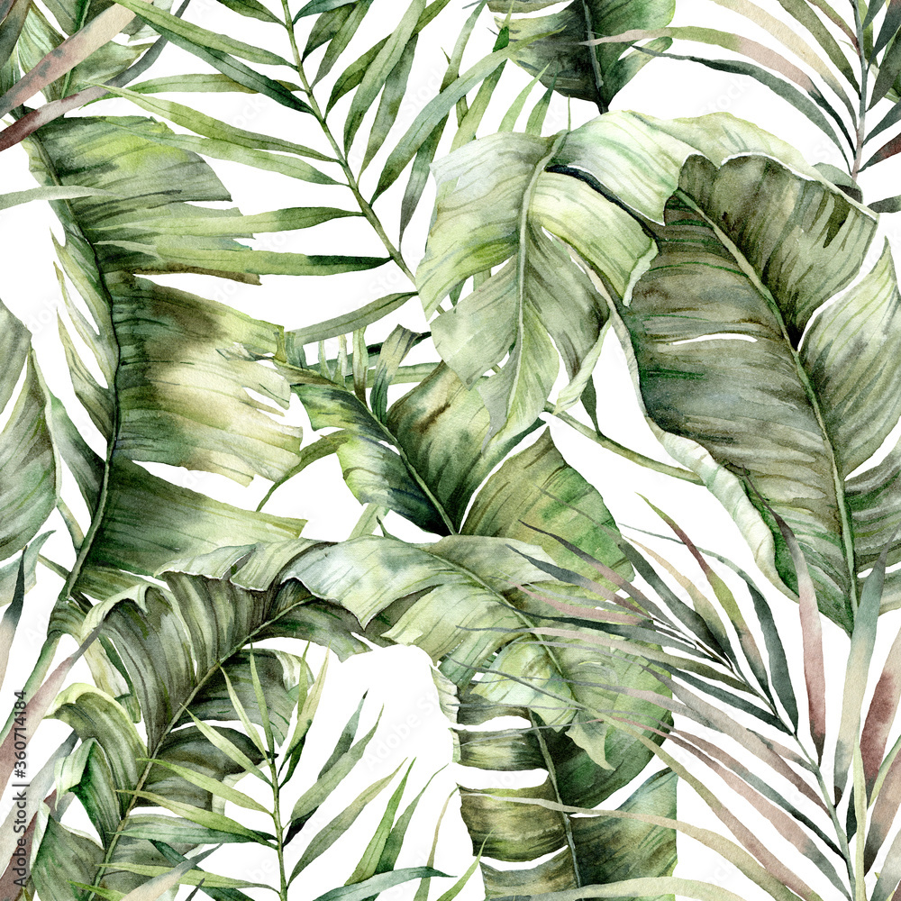 Wall mural Watercolor seamless pattern with tropical palm leaves. Hand painted exotic leaves and branches isolated on white background. Floral jungle illustration for design, print, fabric or background.