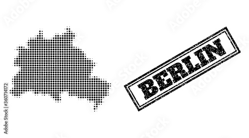 Halftone map of Berlin City, and textured watermark. Halftone map of Berlin City generated with small black round elements. Vector watermark with scratched style, double framed rectangle,