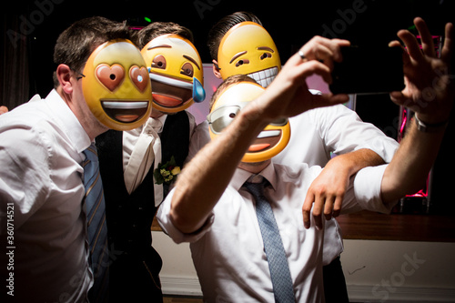 selfie friends group bachelor party men emoji mask