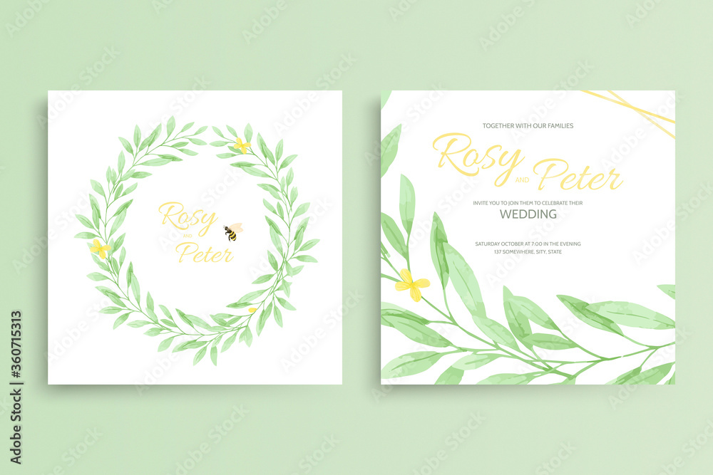 Vector set of invitation cards with watercolor leaves elements