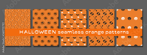 Set of five Halloween seamless orange patterns, vector illustration