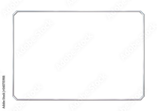 Rectangle realistic frame metal or silver with cut corners. Slender on white background. Steel, photoframe template. For picture. Vector illustration.