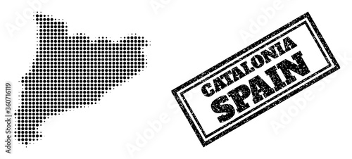 Halftone map of Catalonia, and rubber watermark. Halftone map of Catalonia generated with small black round pixels. Vector watermark with distress style, double framed rectangle, in black color. photo