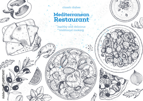 Mediterranean cuisine top view frame. A set of mediterranean dishes. Food menu design template. Vintage hand drawn sketch. Vector illustration. Food collection.