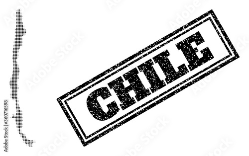 Halftone map of Chile, and scratched seal. Halftone map of Chile generated with small black spheric elements. Vector seal with scratched style, double framed rectangle, in black color.