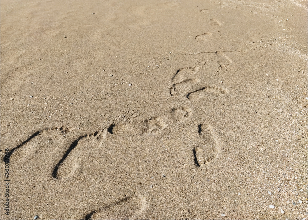 Many different prints of male and female legs on the sea sand with sea shells. Walk barefoot along the shore with footprints. Tourist rest. Many different prints of male and female legs on the sea sand with sea shells. Walk barefoot along the shore with footprints. Tourist rest.