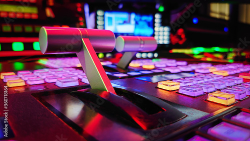 A close-up of an video mixer in a tv station