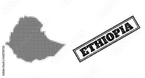 Halftone map of Ethiopia, and scratched seal stamp. Halftone map of Ethiopia generated with small black spheric dots. Vector seal with scratched style, double framed rectangle, in black color.