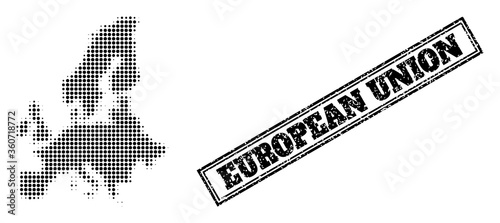 Halftone map of Euro Union, and grunge seal stamp. Halftone map of Euro Union designed with small black spheric elements. Vector imprint with grunge style, double framed rectangle, in black color.