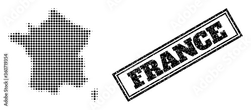Halftone map of France, and rubber seal. Halftone map of France constructed with small black round pixels. Vector seal with scratched style, double framed rectangle, in black color.