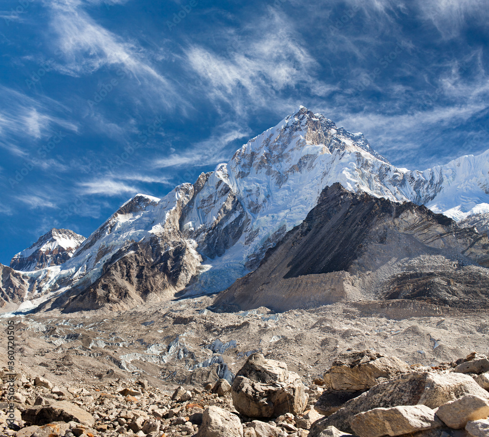 Everest and Nuptse mountain in Sagarmatha National Park, Everest region, Nepal Himalayas. Everest base camp trek in Khumbu valley