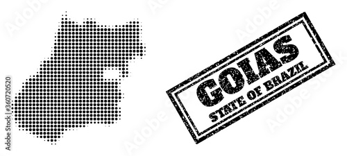 Halftone map of Goias State, and rubber seal. Halftone map of Goias State generated with small black spheric pixels. Vector seal with unclean style, double framed rectangle, in black color.