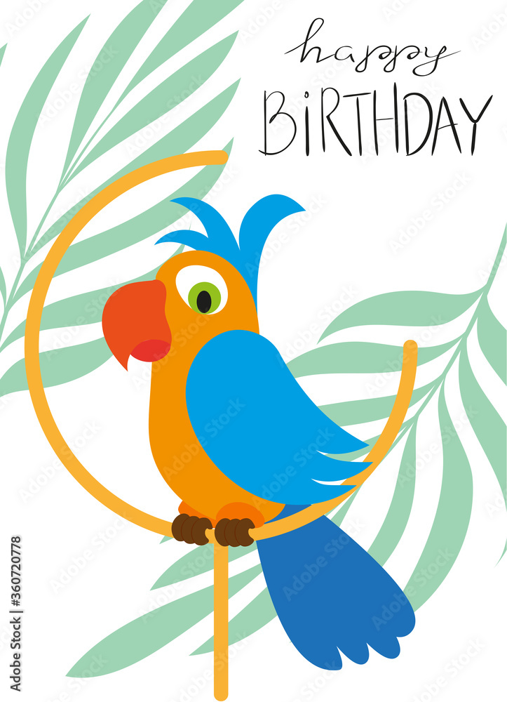 A cute parrot sits on a ring, palm leaves lettering Happy Birthday. Flat illustration, isolated elements on a white background.
