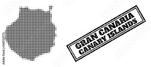 Halftone map of Gran Canaria, and scratched seal stamp. Halftone map of Gran Canaria generated with small black circle points. Vector seal with scratched style, double framed rectangle, photo