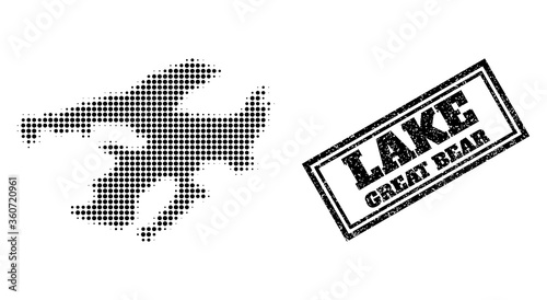 Halftone map of Great Bear Lake, and unclean watermark. Halftone map of Great Bear Lake constructed with small black spheric items. Vector imprint with unclean style, double framed rectangle,