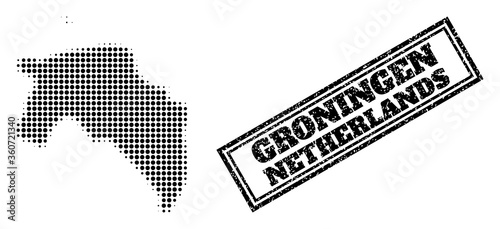 Halftone map of Groningen Province, and rubber watermark. Halftone map of Groningen Province made with small black spheric dots. Vector watermark with grunge style, double framed rectangle, photo