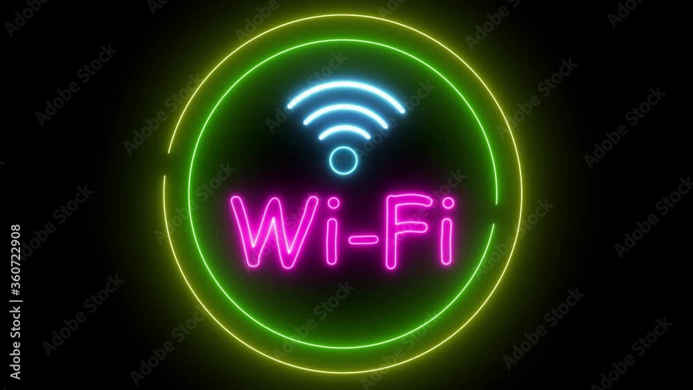 Animation wifi neon sign light at black background in looped concept animation.