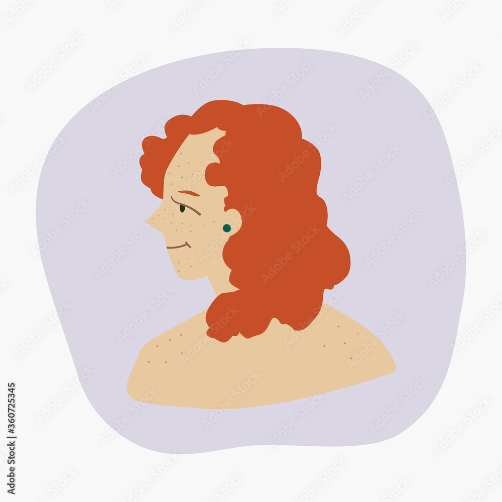 Redhead woman profile vector illustration. Cute curly girl icon, avatar or social picture. Female hairdo. Beautiful ginger lady portrait. Face for beauty salon. Feminism and body positive concept. 