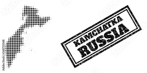 Halftone map of Kamchatka Peninsula, and unclean seal. Halftone map of Kamchatka Peninsula designed with small black round items. Vector seal with grunge style, double framed rectangle,