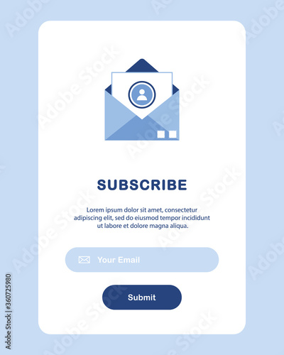 Vector banner of email marketing. Subscription to newsletter, offers, promotions, news. Subscribe, submit. Send by mail. A letter in an envelope. Buttons template. Web, website. Blue and White. Eps 10