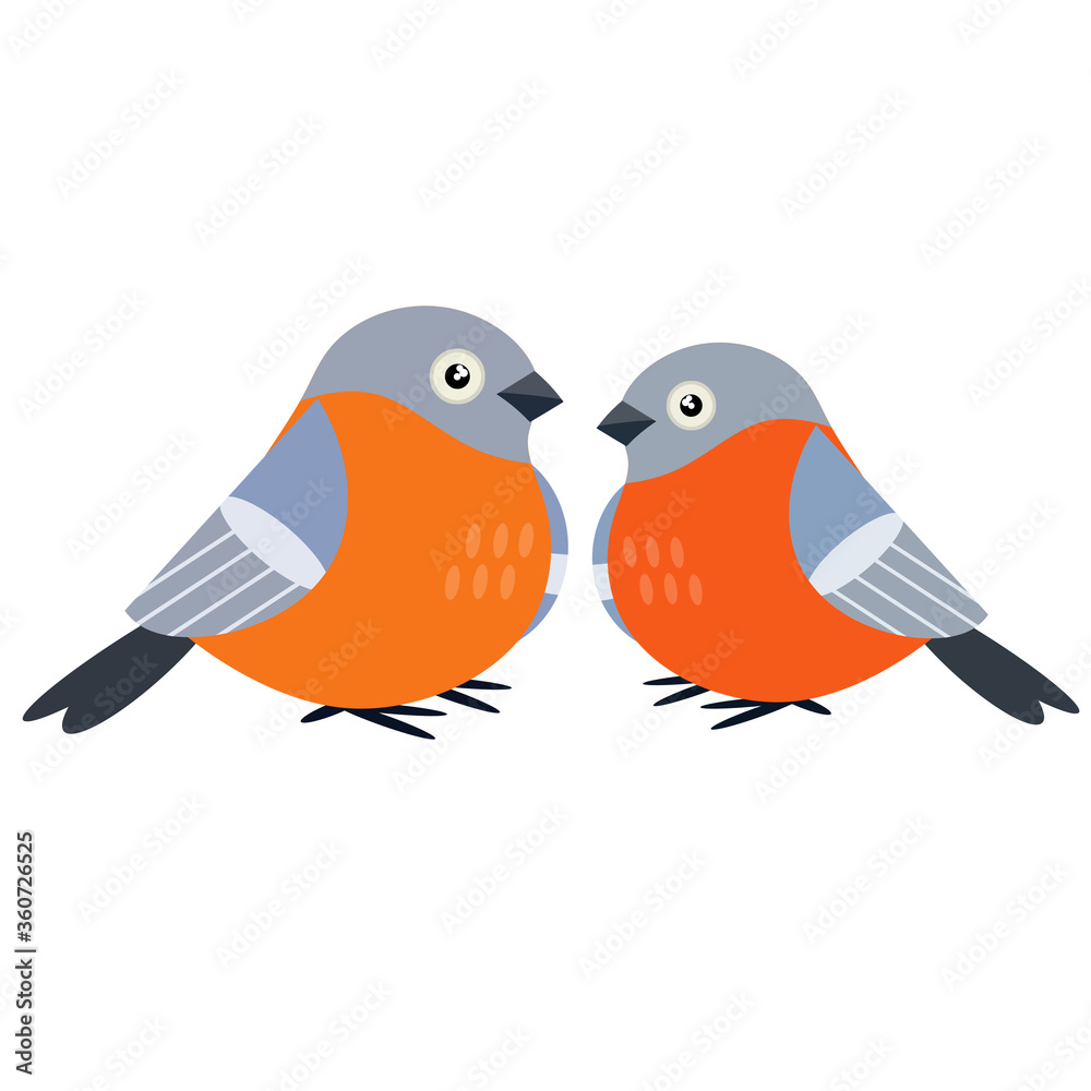 Two Bullfinches. A group of cute forest animals. Couple of bird. Cartoon flat illustration