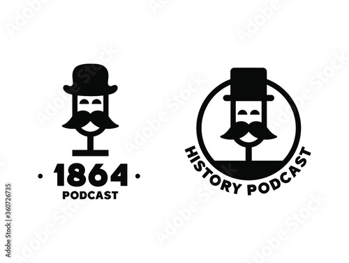 Historic podcast. Microphone for podcast logo template. 
Gentleman in a hat with a mustaches