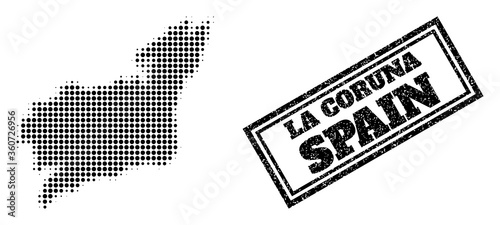 Halftone map of La Coruna Province, and grunge watermark. Halftone map of La Coruna Province generated with small black spheric elements. Vector watermark with scratched style,