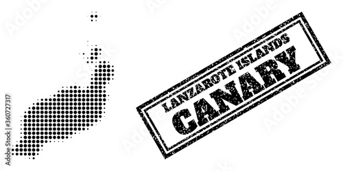 Halftone map of Lanzarote Islands, and grunge seal stamp. Halftone map of Lanzarote Islands made with small black circle items. Vector seal with unclean style, double framed rectangle, in black color.