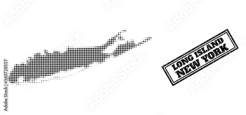 Halftone map of Long Island, and dirty seal stamp. Halftone map of Long Island generated with small black round items. Vector seal with scratched style, double framed rectangle, in black color.