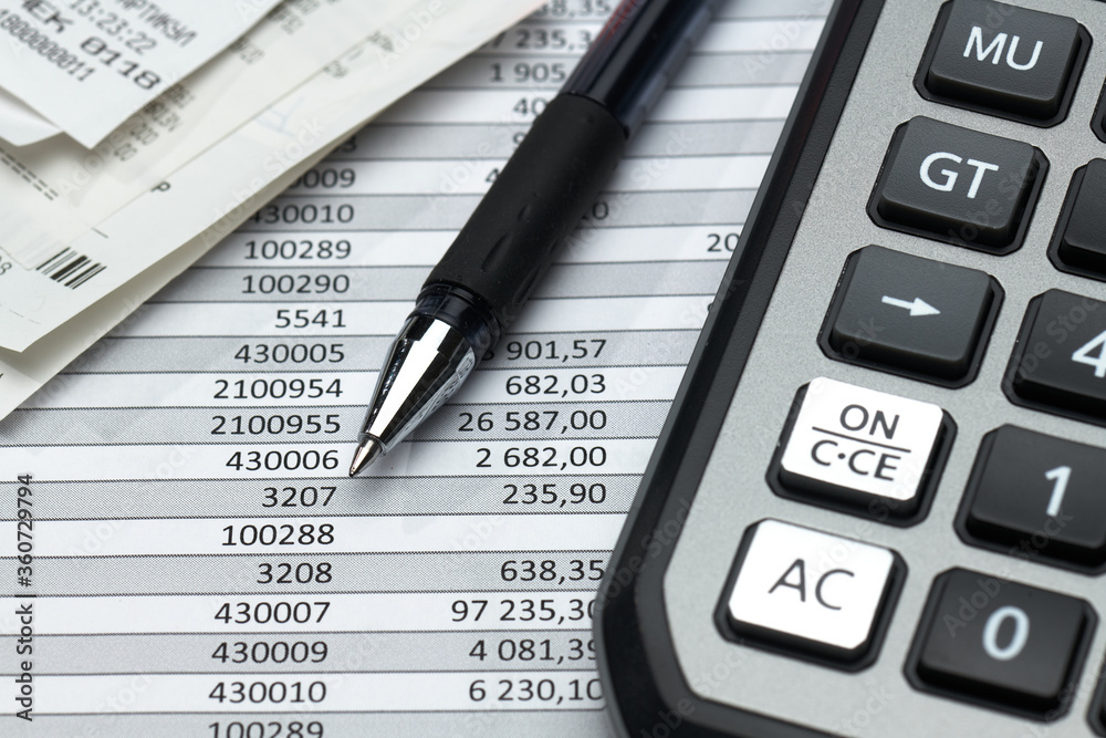 cash registers purchase receipt, calculator and financial reports, analysis and accounting, various office items for bookkeeping