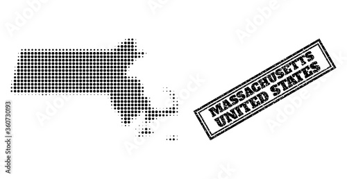 Halftone map of Massachusetts State, and grunge watermark. Halftone map of Massachusetts State made with small black circle points. Vector watermark with retro style, double framed rectangle,