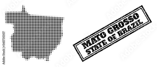Halftone map of Mato Grosso State, and scratched seal. Halftone map of Mato Grosso State generated with small black circle dots. Vector seal with distress style, double framed rectangle,