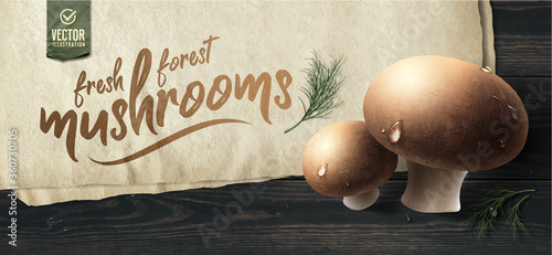 Vector fresh forest mushrooms on wooden table. photo