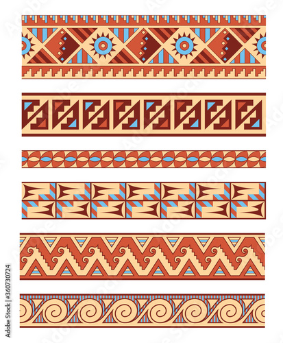 Traditional Native American Aztec Seamless Vector Borders Patterns Set