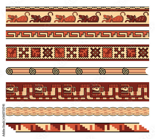 Traditional Native American Aztec Seamless Vector Borders Patterns Set