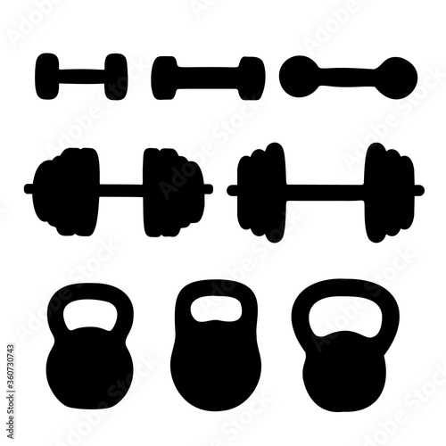 Dumbbells, kettlebells and barbells for sports. Vector image.