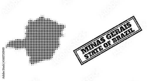 Halftone map of Minas Gerais State, and unclean stamp. Halftone map of Minas Gerais State generated with small black spheric dots. Vector watermark with unclean style, double framed rectangle,