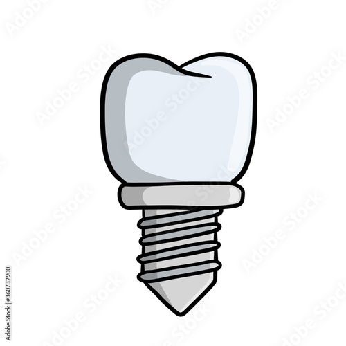 Tooth pin. White Dentist element. Operation for health. Doctor job. Color Cartoon illustration. Dental care and implant. Medical white part with the thread for the mouth