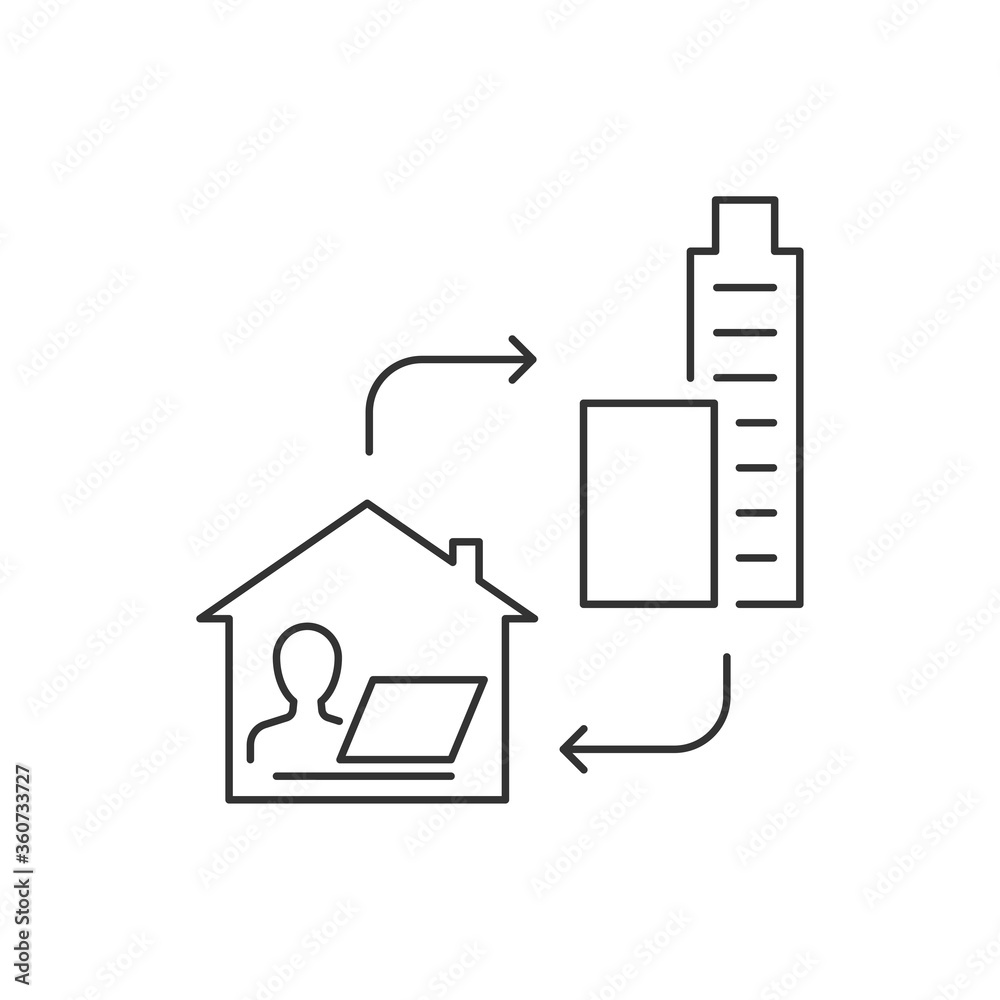 Cooperation of the home office with the working office linear icon. Work from home during quarantine. Covid-19 concept. Editable stroke