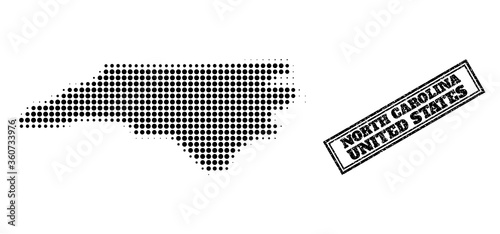 Halftone map of North Carolina State, and unclean seal. Halftone map of North Carolina State generated with small black spheric points. Vector seal with scratched style, double framed rectangle,