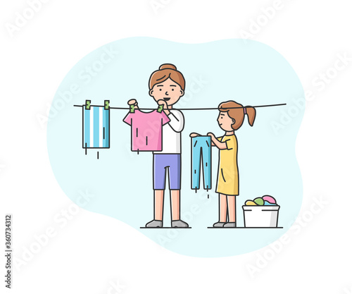 Concept Of Parenting And Family Joint Housework. Happy Mother Washing And Hang Up Clothes For Drying. Daughter Helps Mother Around The House. Cartoon Linear Outline Flat Style. Vector Illustration