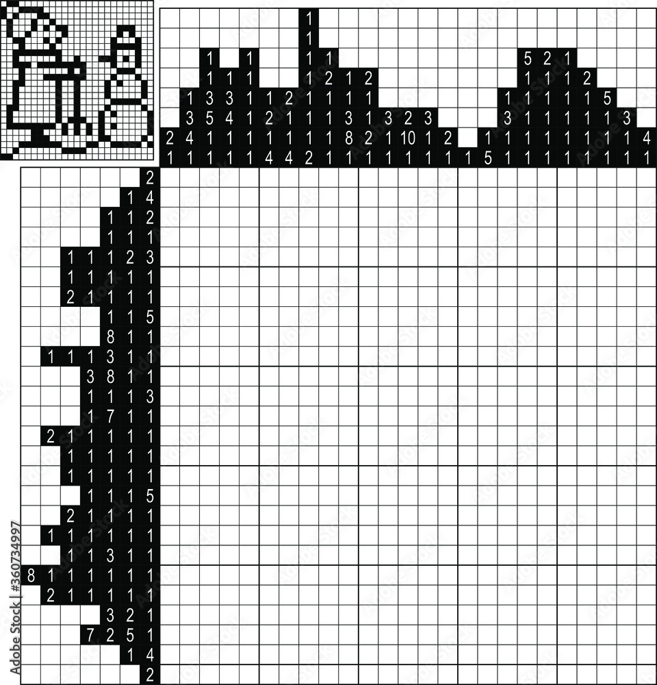 Fototapeta premium Japanese crossword. Black and white. Paint by number puzzle. Education game for children. Girl and snowman