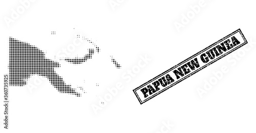 Halftone map of Papua New Guinea, and unclean seal stamp. Halftone map of Papua New Guinea constructed with small black spheric pixels. Vector seal with unclean style, double framed rectangle, photo