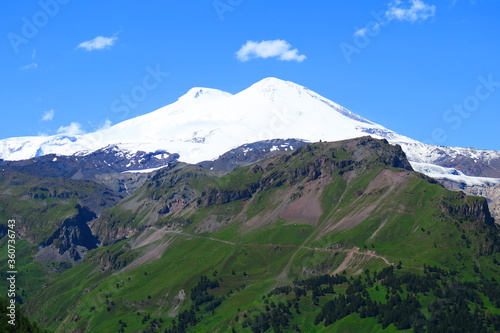 View of the majestic Mount Elbrus from the slope of Mount Cheget