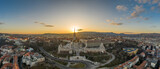 Aerial panorama drone shot of Matthias Church Fisherman's Bastion on Buda Hill in Budapest sunset
