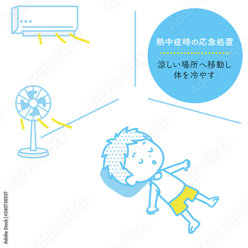 熱中症の応急処置として、体を冷やして休めているイラスト