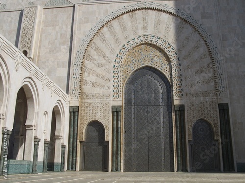 Exterior facade with ornamented doors of the Hassan II Mosque, Casablanca, Morocco